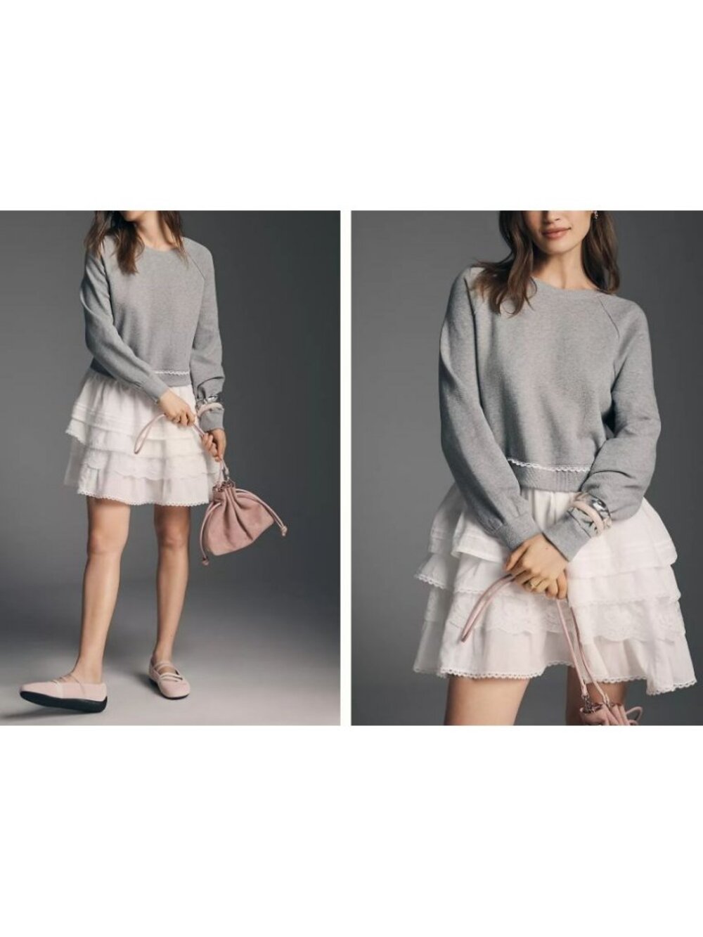 Anthropologie Twofer Tiered Sweater Lace Ruffle Dress - Medium - Gray & White